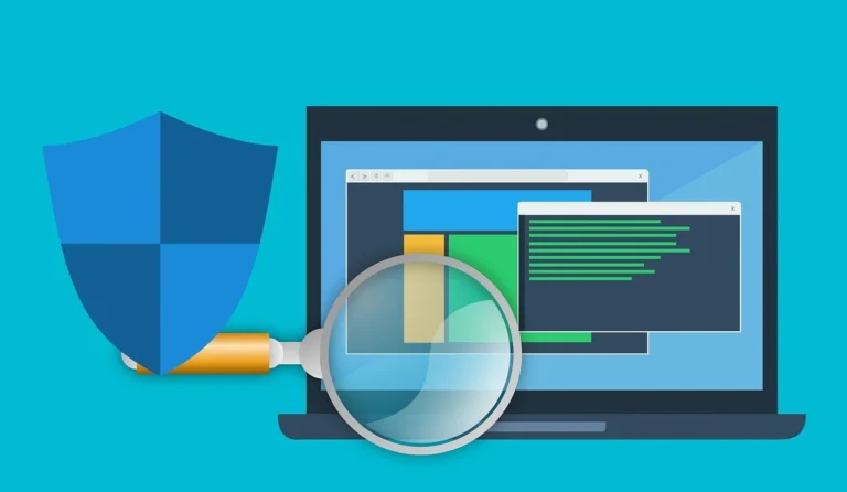 A magnifying glass reprepsents anti-virus software program solutions for devices and networks.