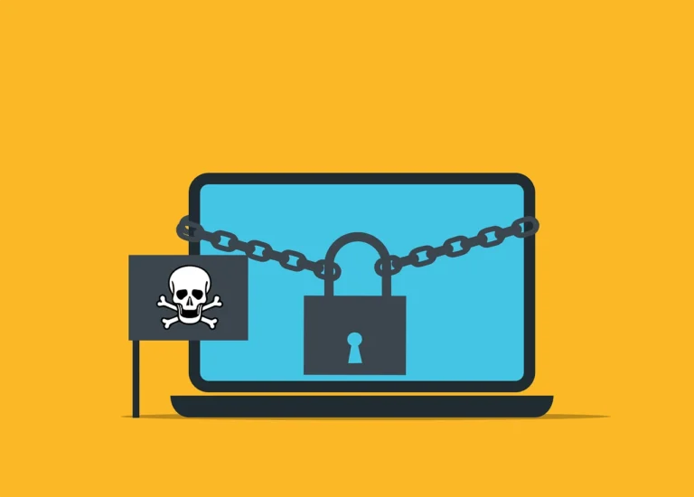Laptop encased in a chain and lock, with a pirate flag, representing main server malware.