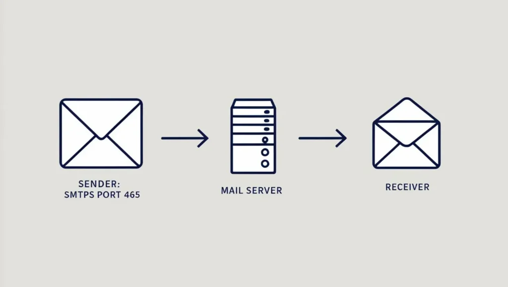 Diagram illustrating the SMTPS email relay process using port 465, showing email transfer from sender's client through mail servers to the recipient.
